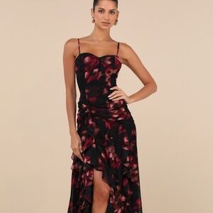 Lulus Impressive Attitude Black Abstract Ruffled Knotted Midi Dress - Size XS